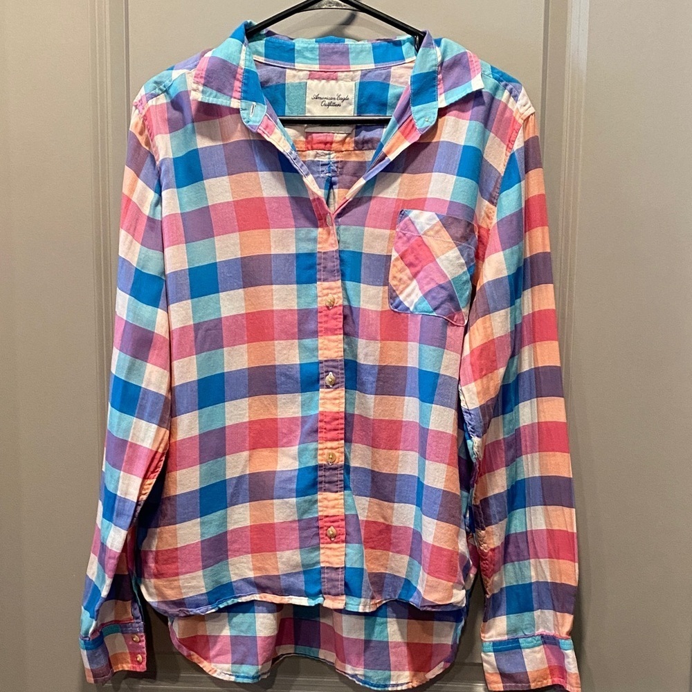 American Eagle Multicolor Plaid Button Down Shirt Cotton Casual Y2K Large